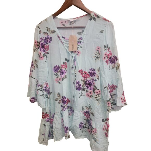 Blu Pepper Floral Tunic‎ Top W/ Lace-Up Neckline & Ruffle Hem Light Blue Large - Picture 3 of 9